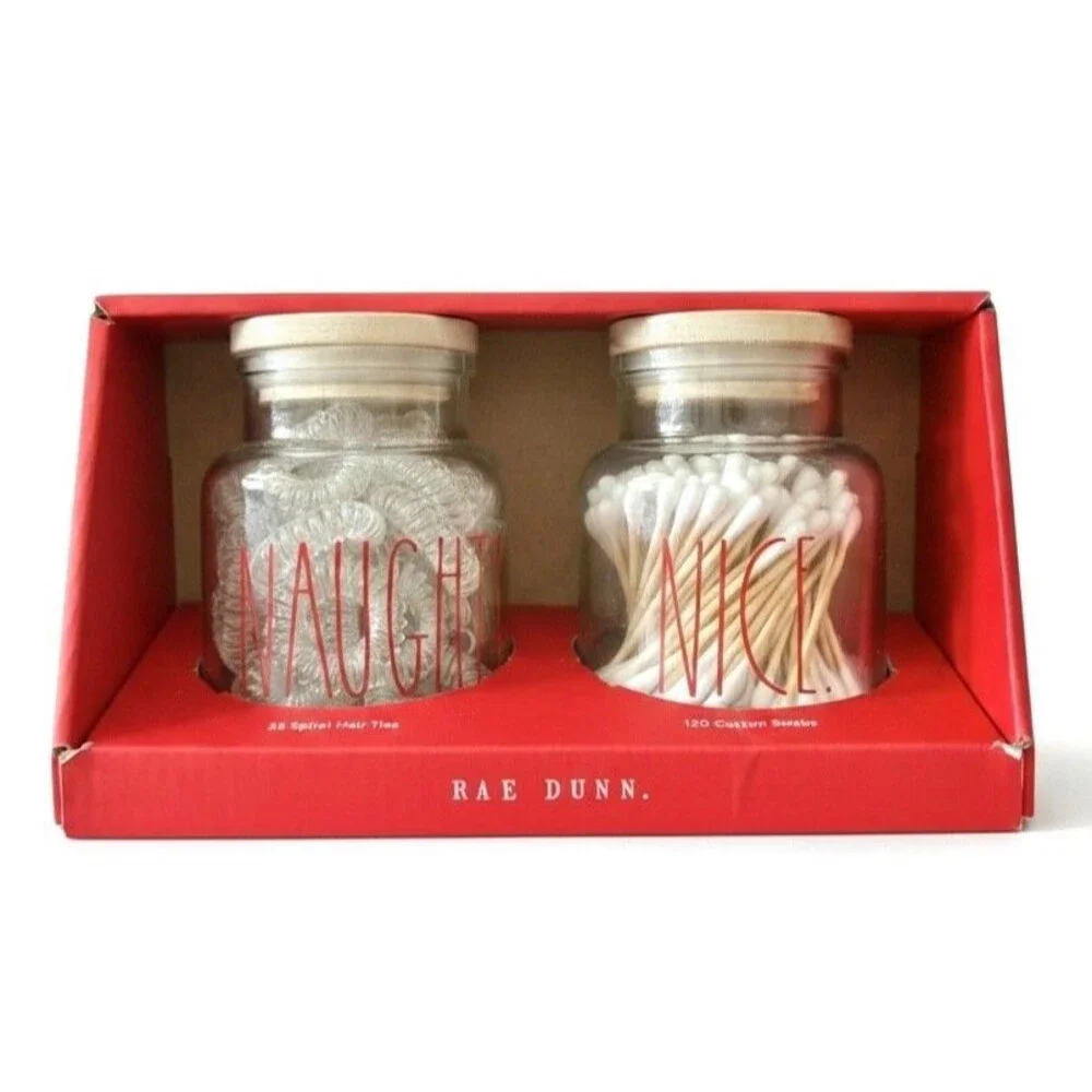 Rae DUNN Set of 2 Glass Bathroom Jars w/25 Spiral Hair Ties & 120 Cotton Swabs